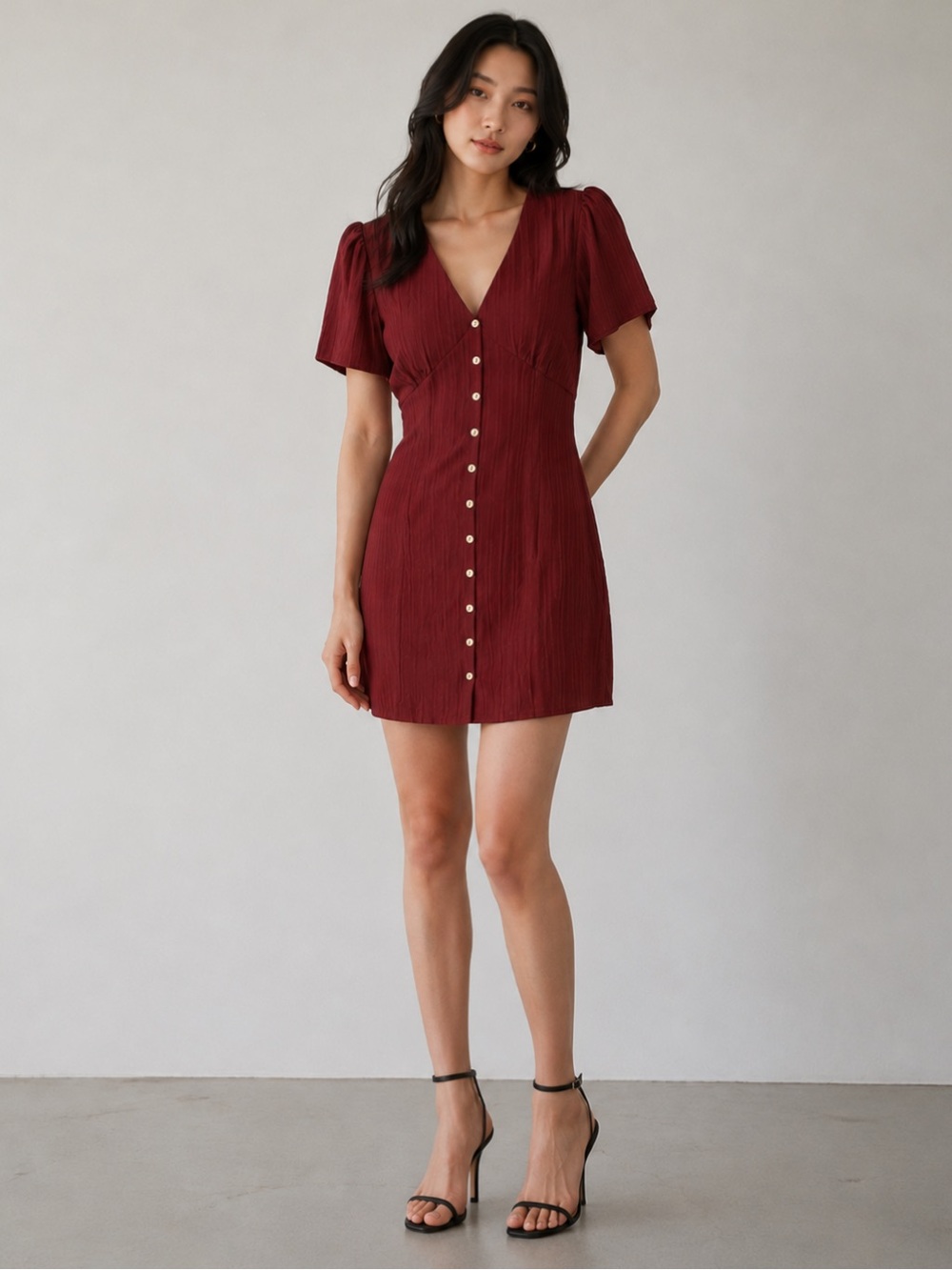RIHOAS Burgundy V-Neck Mini Dress Short Sleeve Size XL NWT
